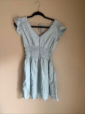 Blu Pepper Pale Blue/green V-Neck Smocked-Waist Mini Dress